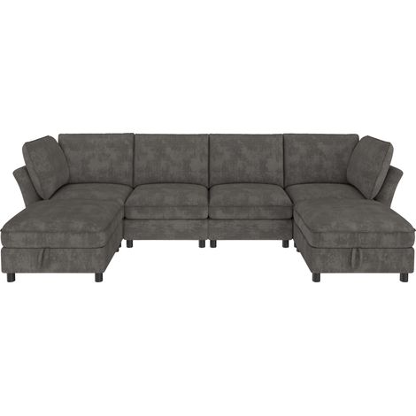 ELVMI Modulares U-Sofa 6-Sitzer zur L-Form mit 2 Hockern mit Stauraum, aus Chenille Grau (1/5)