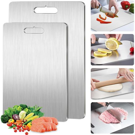 2-teiliges Schneidebrett aus Titan, Schneidebrett aus Edelstahl 316, doppelseitiges Schneidebrett aus Titan für Obst, Fleisch, Käse und Gemüse (34  23 cm + 25  15 cm)