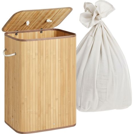 Relaxdays cesto ropa sucia con tapa, bambú, 80 L, plegable, Al x An x P: 60 x 40 x 30 cm, baúl ropa, natural (1/5)