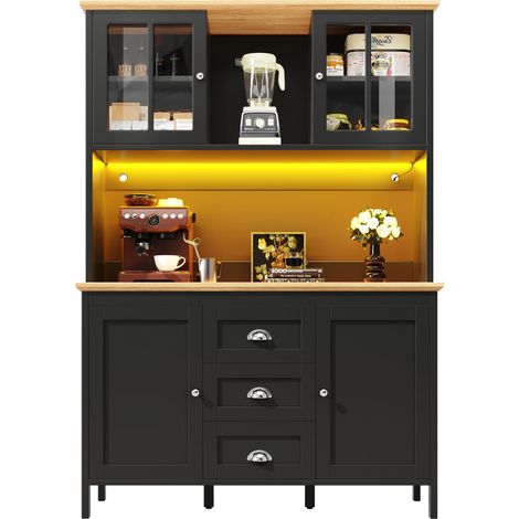 Armoire haute cuisine,buffet de Cuisine avec éclairage LED,Portes vitrées marron intégrées,120x40x179cm,Noir