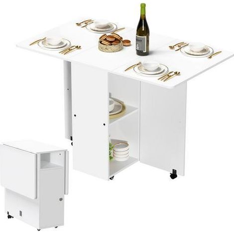 Table à manger pliable extensible à roulettes étagère rangement cuisine salon blanche (1/4)