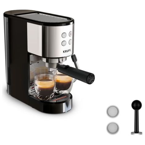 Krups 365680 Machine à expresso noir, acier inoxydable avec embout de mousseur à lait, avec fonction chauffe-tasse (1/5)