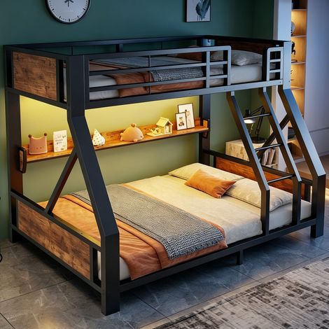 Lit Superposé Enfant 90 x 200 + 140 x 200 cm couchage simple supérieur et double inférieur compartiment de rangement éclairage LED (1/5)