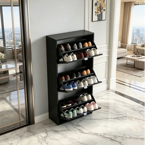 Meuble chaussures noir en MDF, 3 portes abattantes, 60 x 26 x 124 cm HAVRYA (1/5)