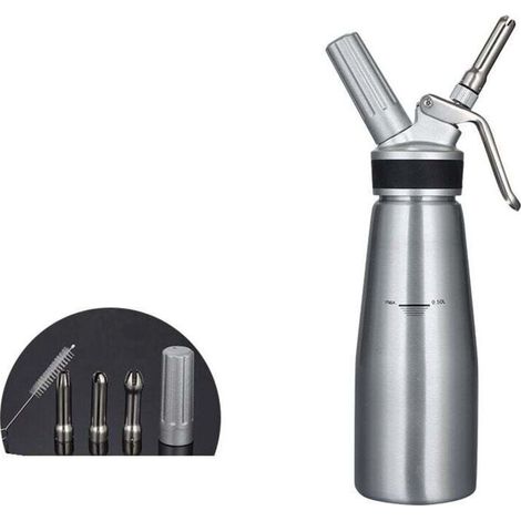 Distributeur de crème fouettée Chargeur de crème fouettée de 500 ml avec corps et tête en aluminium robuste, sans fuite, machine à crème avec 2 ensembles de buses de décoration, résistant aux fuites