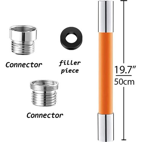 Universelle schwenkbare Wasserhahnverlängerung 30 cm orange - Drehbarer Verlängerungsschlauch mit Adapteranschluss (1 Verlängerung, 1 Dichtung, 2 Adapter)