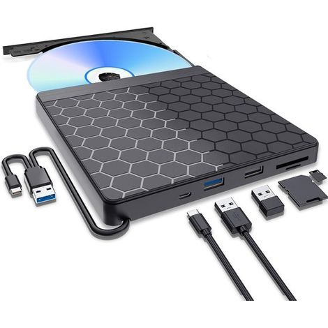 Lecteur DVD externe，lecteur CD externe USB 3.0 Type-C，graveur/lecteur CD/DVD portable avec lecteur SD/TF et 2 ports USB，lecteur DVD optique (1/5)