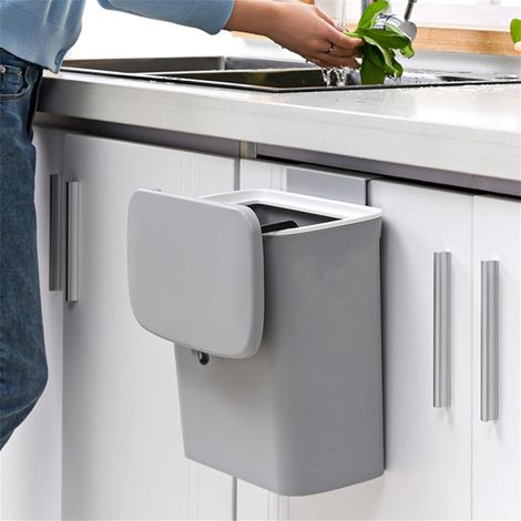 Poubelle De Cuisine Suspendue, 9L Poubelle De Cuisine Poubelle De Porte d'Armoire Collecteur De Déchets Avec Couvercle Poubelle à Compost Pour Cuisine Bureau Salle De Bains Salon (Gris) (1/5)