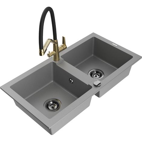 Mexen Mario évier en granit 2-bassins avec robinet de cuisine Duo, gris - 6504-71-671701-57-B (1/5)