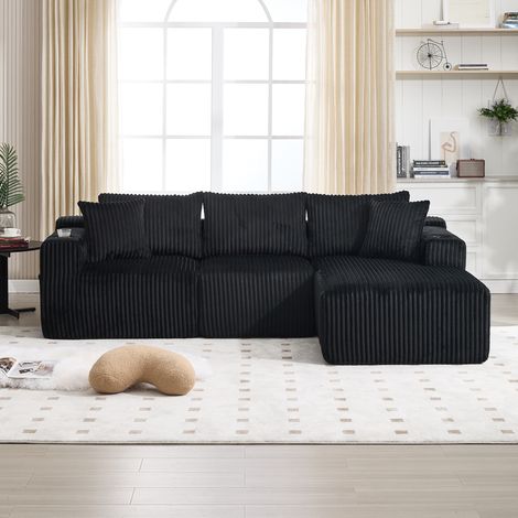 Divano modulare con chaise longue e 2 posti, velluto a coste nero HAVRYA (1/5)