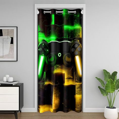 Geometric Rideau de Porte pour L'Intimité de Porte,Console de Jeu Garçon Rideau de Porte,Motif de Tartan de Paillettes Rideau Occultant,Gradient Néon Gamepad Gamepad Rideau de Placard de Jeu,86x203 - (1/5)