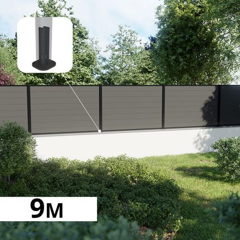 Kit Clôture Composite sur Muret RIO Platine 9x1,2m - Bois composite & Aluminium - Poteaux sur Platines Noir - Brise vue