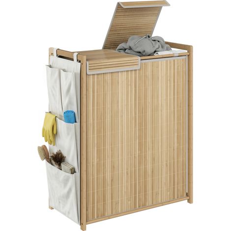 HOMCOM cesto de ropa sucia de bambú con tapa, 120L, con 2 compartimentos, bolsas con cordón extraíbles y lavables, bolsillos laterales, natural (1/5)