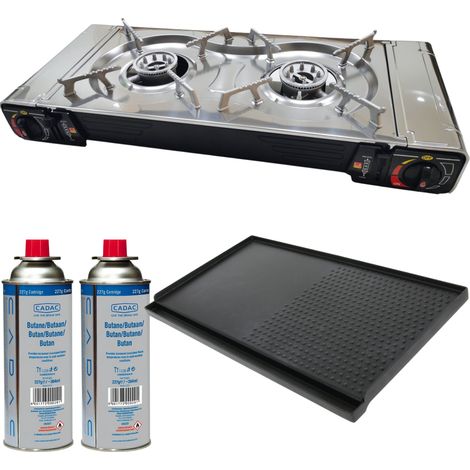 PACK INCASA Réchaud à gaz + Plaque plancha/grill + CADAC 2 Cartouches de gaz - Camping-car