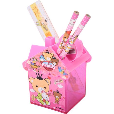 Porte-crayon mignon en forme de maison rose, organisateur de bureau pour enfants, rangement stylos et fournitures scolaires, cadeau ludique. (1/5)