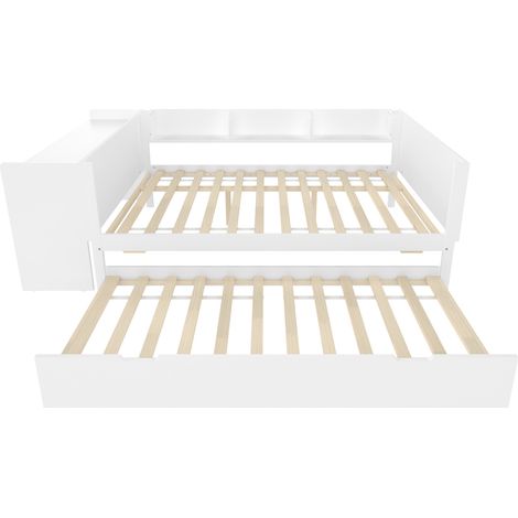 Cama doble 140x200 cm con escritorio, cama nido y estanterías, pino y panel blanco (1/5)