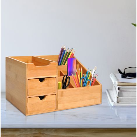 Organizzatore da scrivania in bambù, 2 cassetti, 7 scomparti, naturale (1/5)