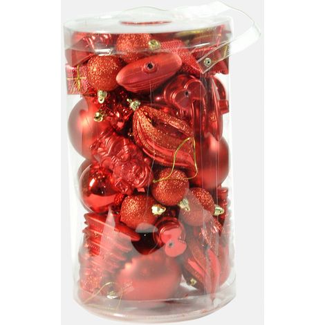 Dmora Boîte 50 pièces décorations de Noel multi-formes, ornements et pointe, ensemble assortiment de boules de Noel, boîte ensemble arbre de Noel, 4 à 10 cm, couleur rouge (1/3)
