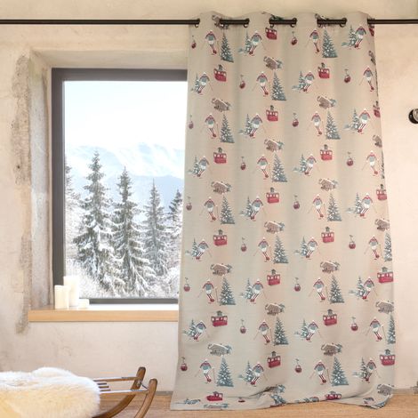 Rideau jacquard à œillets avec motifs skieurs et sapins Lin 140x260 cm (1/5)