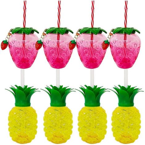 Lot de 8 gobelets ananas avec paille et décoration fraise, style luau tropical, parfaits pour l'été à la plage. (1/4)