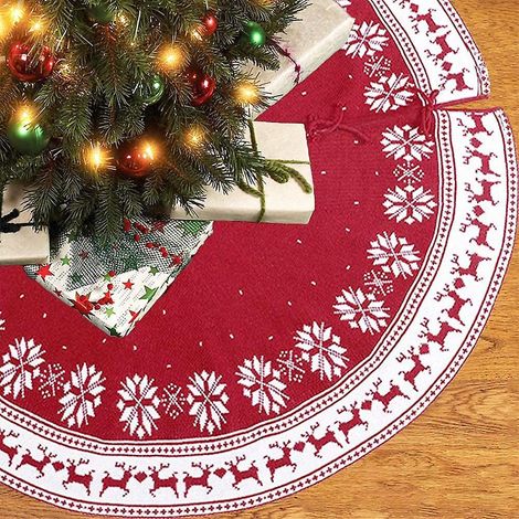 christmas Tree Skirt, Tree Stand Cover, 122cm/48 Inch Fir Rug Knitted Tree Skirt With Snowflake And Elk Print For Christmas Decoration (1/5)