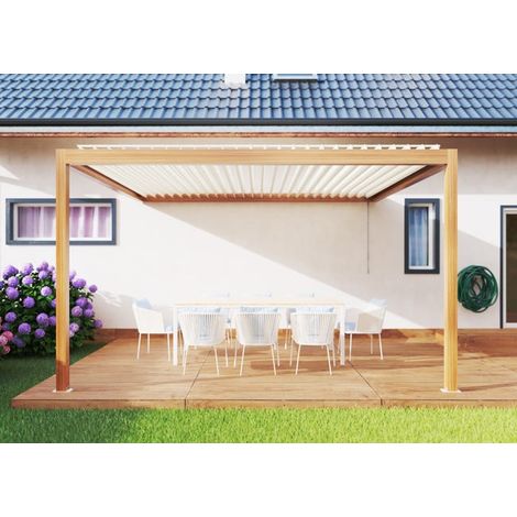 Pergola Bioclimatique Aluminium Adossée Aspect Bois 4x3,5 Manuelle S ORIAL France (1/5)