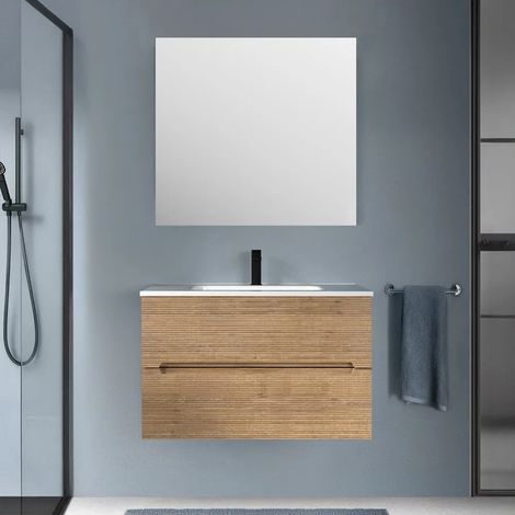 Mobile bagno sospeso 80 rovere cannettato 2 cassetti lavabo e specchio Rigo (1/5)
