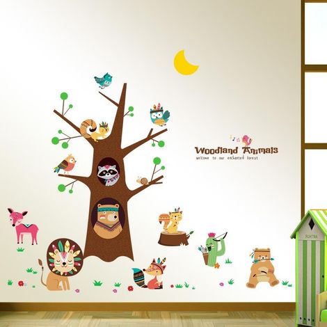 Sticker mural décoratif écologique pour chambre à coucher, motif arbre et animaux de dessin animé (1/3)