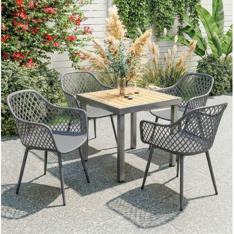 Lote de 4 sillas de jardín con reposabrazos, respaldo y metal, 56 x 51 x 84 cm, gris oscuro (1/5)