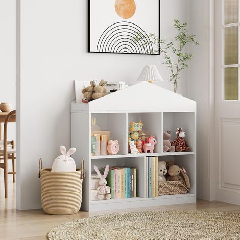 Bibliothèque Enfant en Forme de Maison avec Étagères, Meuble de Rangement Livres et Jouets en MDF Blanc (1/5)