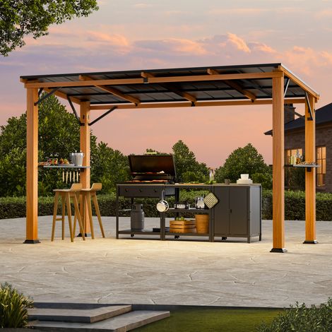 Modern Shade Pavillons, 3.6 x 1,8 m, Grill-Pavillon Hardtop schrägem Stahldach mit 2 seitlichen Aufbewahrungsregalen, Zedernholzrahmen, Terrassenpavillon für Garten, Deck (1/5)