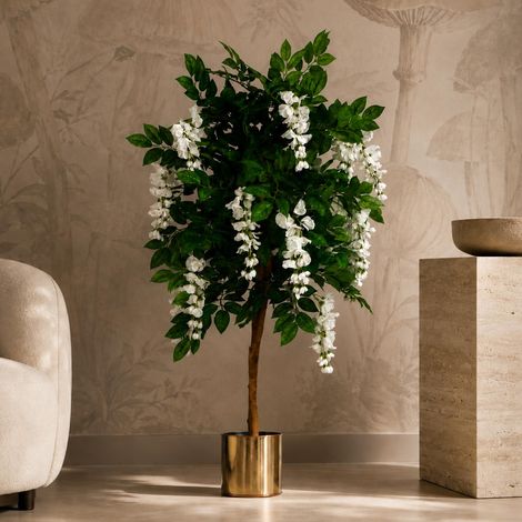 130cm Luxury Artificial Wisteria Tree White Flowers - Premium Range Gold Metal Planter - Premium Quality (1/5)