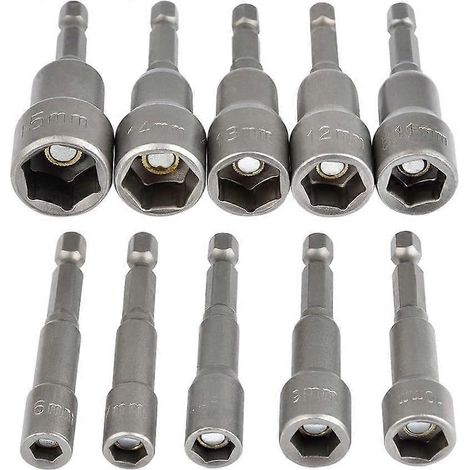 Jeu de 10 douilles hexagonales magnétiques pour visseuse à percussion (6-15 mm), clés à douille magnétiques, douille hexagonale magnétique 1/4", adaptateur de douille. (1/5)