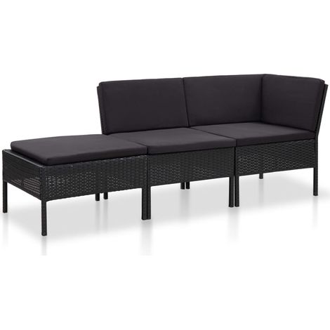 3-tlg. Garten-Lounge-Set mit Auflagen Poly Rattan Schwarz