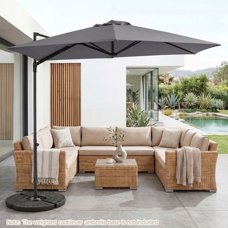290 cm cantilever parasol with stand, crank, and double canopy, 360° rotatable balcony parasol, grey (1/5)
