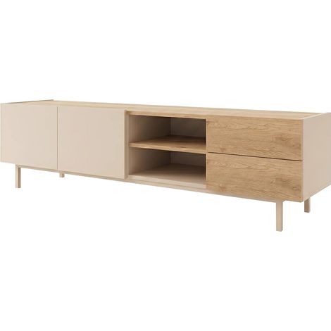 Mobile TV con 2 porte, 2 cassetti e 2 nicchie - Beige e naturale chiaro - REYALA (1/4)