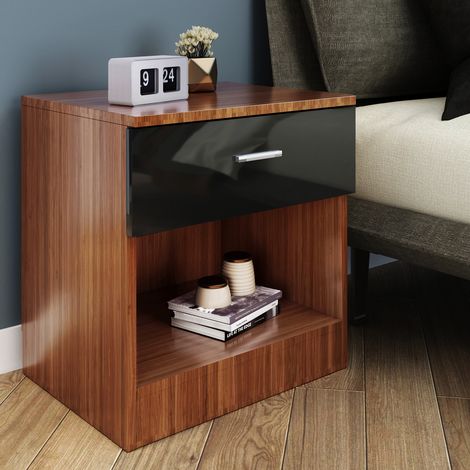 ELEGANT Modern High Gloss Bedside Cabinet Night Stand Storage Shelf with Bin Drawer Black/Walnut