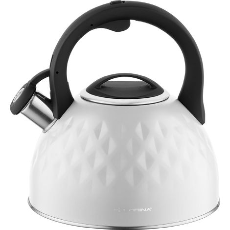 Bouilloire 2,5 l Tetera en acier inoxydable DIAMANTE Hervidor à sifflet avec poignée en silicone Bouilloire pour cuisinière à induction, à gaz et électrique Couleur Blanc (1/5)
