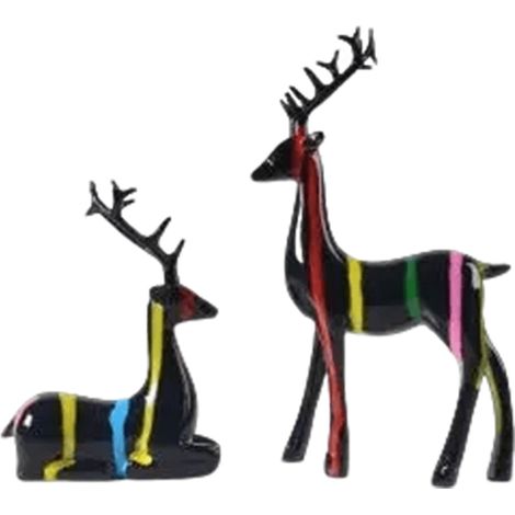 Figurine Cerf - Résine Noire Et Dorée Avec Clochettes - Décoration Intérieure Salon Cheminée Étagère - Lot De 2 (1/4)