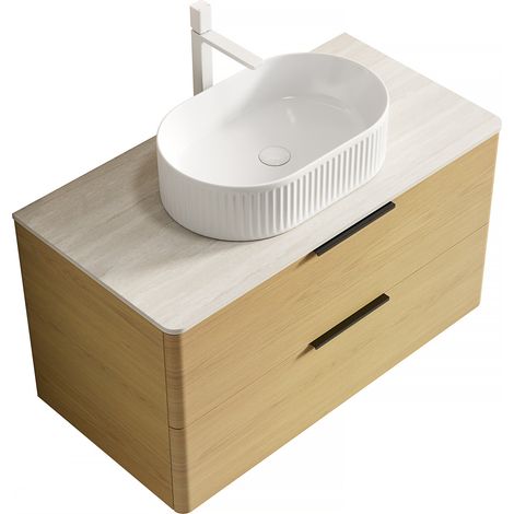 Mobile bagno sospeso 90 cm con lavabo ovale bianco, top in pietra sinterizzata, 2 cassetti (1/5)