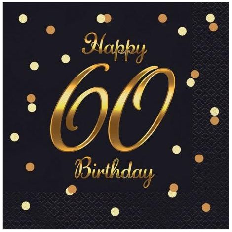 Serviettes de table noires « Joyeux 60e anniversaire » 33 x 33 cm (lot de 20)