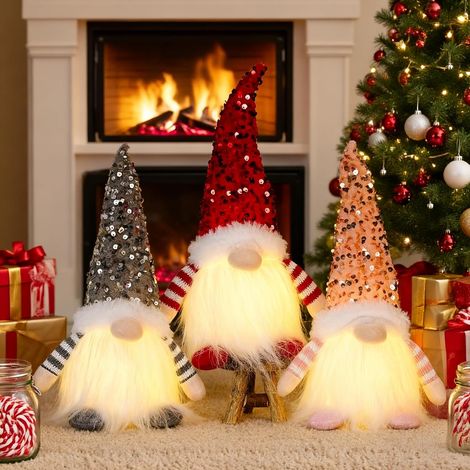 Lot 3 figurines nains de Noël peluche avec LED (1/5)