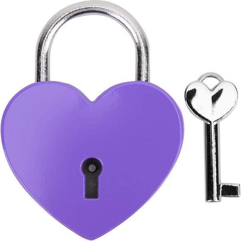 Mini-cadenas en forme de cœur avec clé, violet, 45x59mm, pour boîte à bijoux