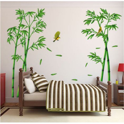 6090 cm², Großer Bambus-Wandaufkleber mit grünem Pflanzen- und Vogelmotiv, Wanddekoration für Schlafzimmer, Wohnzimmer und Büro (1/4)