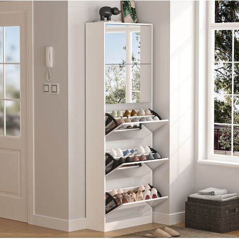 Meuble à chaussures miroir 63x23,6x185 cm en MDF blanc, gain de place pour entrée FloraGrace (1/5)