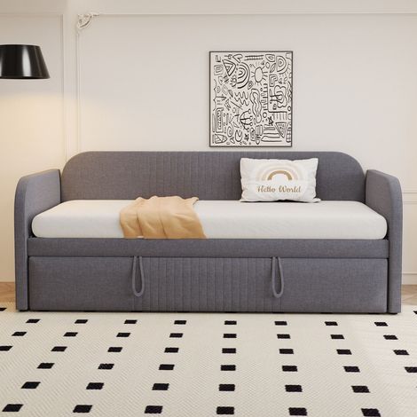 Lit banquette extensible 90 x 190cm en lin gris avec lattes, design à rayures verticales, sans matelas (1/5)