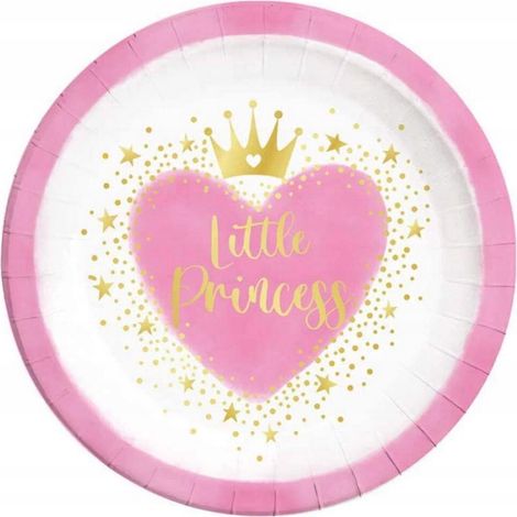 Assiettes en carton PETITE PRINCESSE, motif cœur rose, 23 cm, lot de 8, pour un premier anniversaire. (1/2)