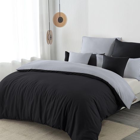 Parure de lit 3 pièces réversible en microfibre 135 x 200 cm - Noir/gris - 135 x 200 cm - Doux et infroissable - 1 housse de couette + 1 taie d'oreiller 80 x 80 cm + 1 taie d'oreiller 40 x 80 (1/5)