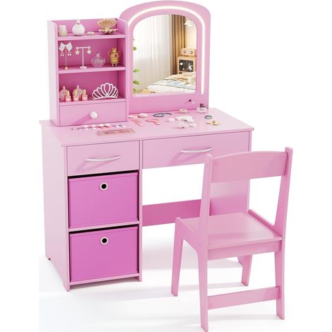 COSTWAY Coiffeuse Enfant Fille avec Chaise & Miroir Lumineux, Bureau Enfant Fille avec 3 Étagères & 3 Tiroirs & 2 Bacs en Tissu, Dispositif Anti-basculement, Charge 50/75kg pour 3 Ans+ (Rose) (1/5)