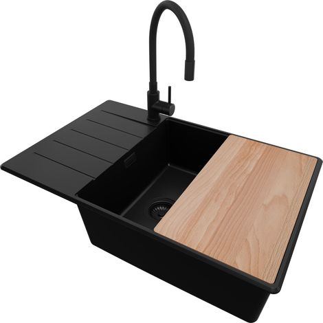 PRIMAGRAN Evier Cuisine en Granit 78x50cm, Lavabo 1 bac + Kit de Vidage + Accessoire, Évier à Encastrer au meuble 60cm - Copenhague, Tout Noir (1/5)